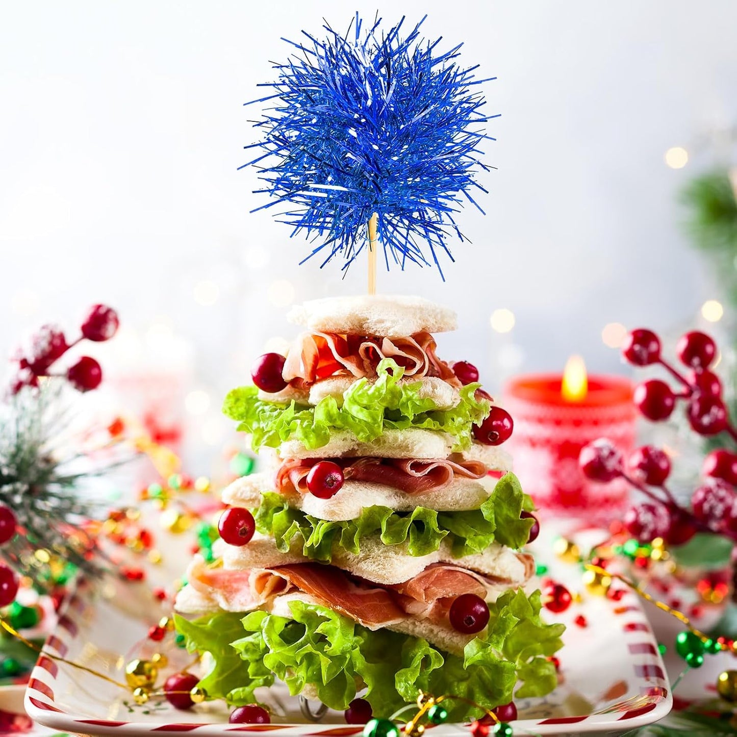 Chinco 100 Pcs Foil Firework Cupcake Toppers Sparkle Tinsel Cake Toppers Cake Decoration Cocktail Fruit Toothpick for Birthday Wedding Graduation Party(Dark Blue, Light Blue, Silver)