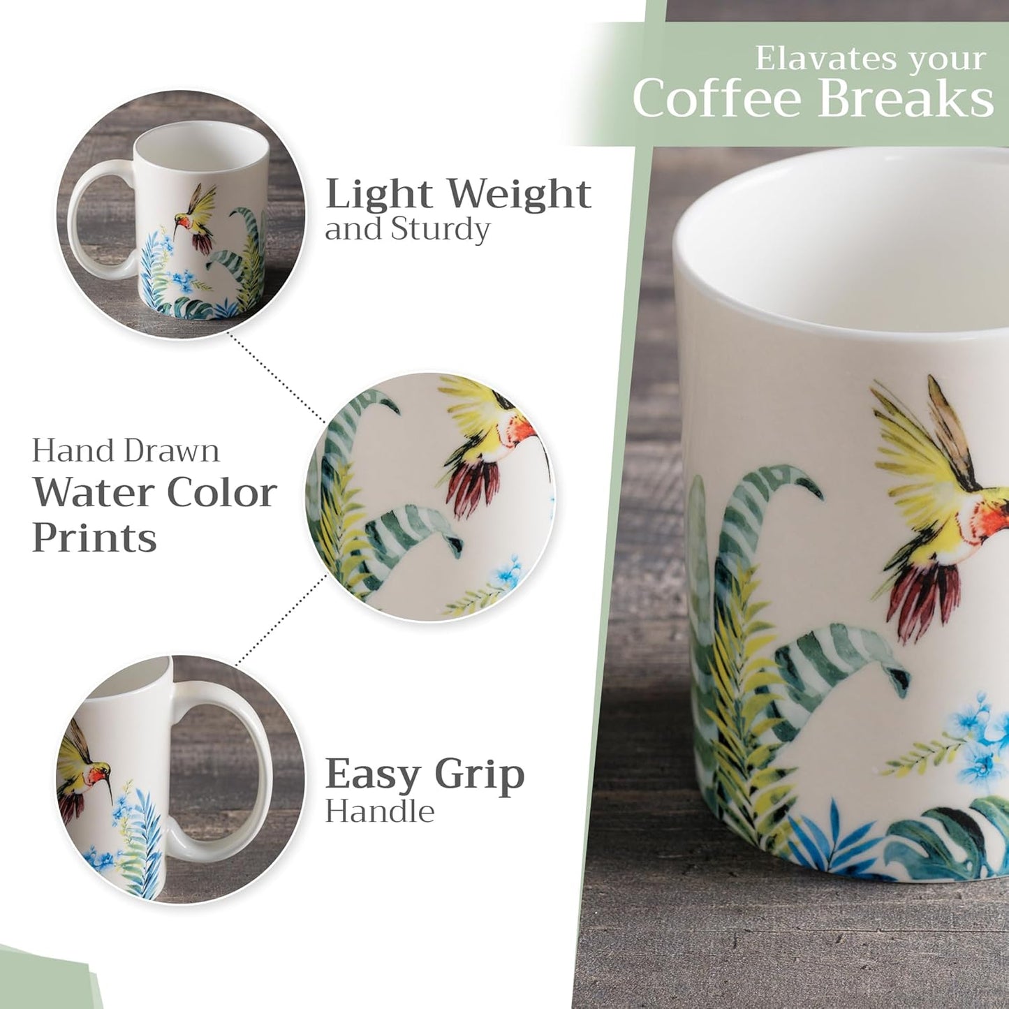 Maison d' Hermine Coffee Mug with Handles Fine Bone China Mugs Pack of One Tea Cups for Hot Beverages Cappuccino Latte Home Restaurant Office Perfect for Gift (Tropiques - Hummingbird, 15 Ounce)
