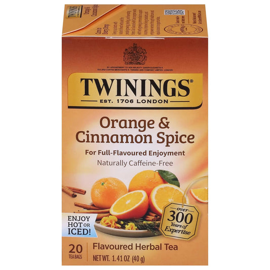 Twinings Orange & Cinnamon Spice Herbal Tea Individually Wrapped Bags, 20 Count (Pack of 1), Naturally Caffeine-Free, Enjoy Hot or Iced, 20 Teabags