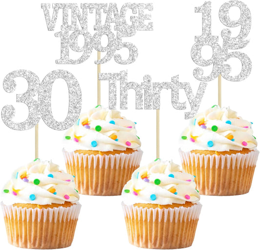 Gyufise 24Pcs Happy 30th Birthday Cupcake Toppers Glitter Thirty 30 Fabulous Vintage 1995 Cupcake Picks for 30th Birthday Wedding Anniversary Party Cake Decorations Supplies Silver