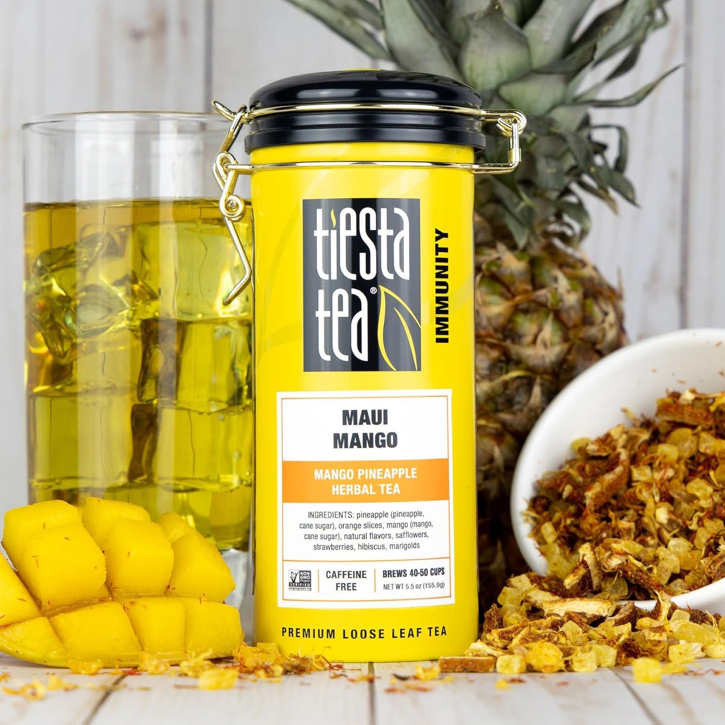 Tiesta Tea - Maui Mango, Loose Leaf, Mango Pineapple Herbal Tea, Premium Non-Caffeinated Fruit Blend, Makes Hot or Iced & Brews Up to 250 Cups - 16oz Bulk Pouch & 5.5oz Refillable Tin Combo
