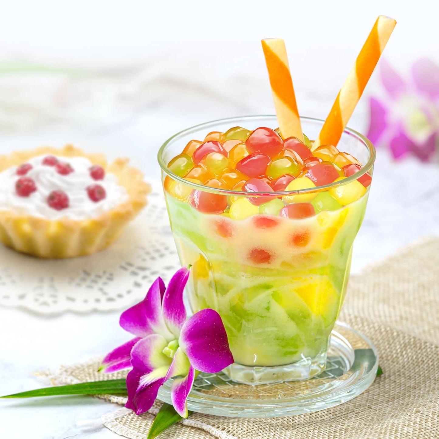 J WAY BOBA Authentic Instant Tapioca Boba Pearls for Milk Tea, Smoothies and Desserts, Tropical Fruit Flavor (Ready in Just 20 Seconds) - 4 Servings