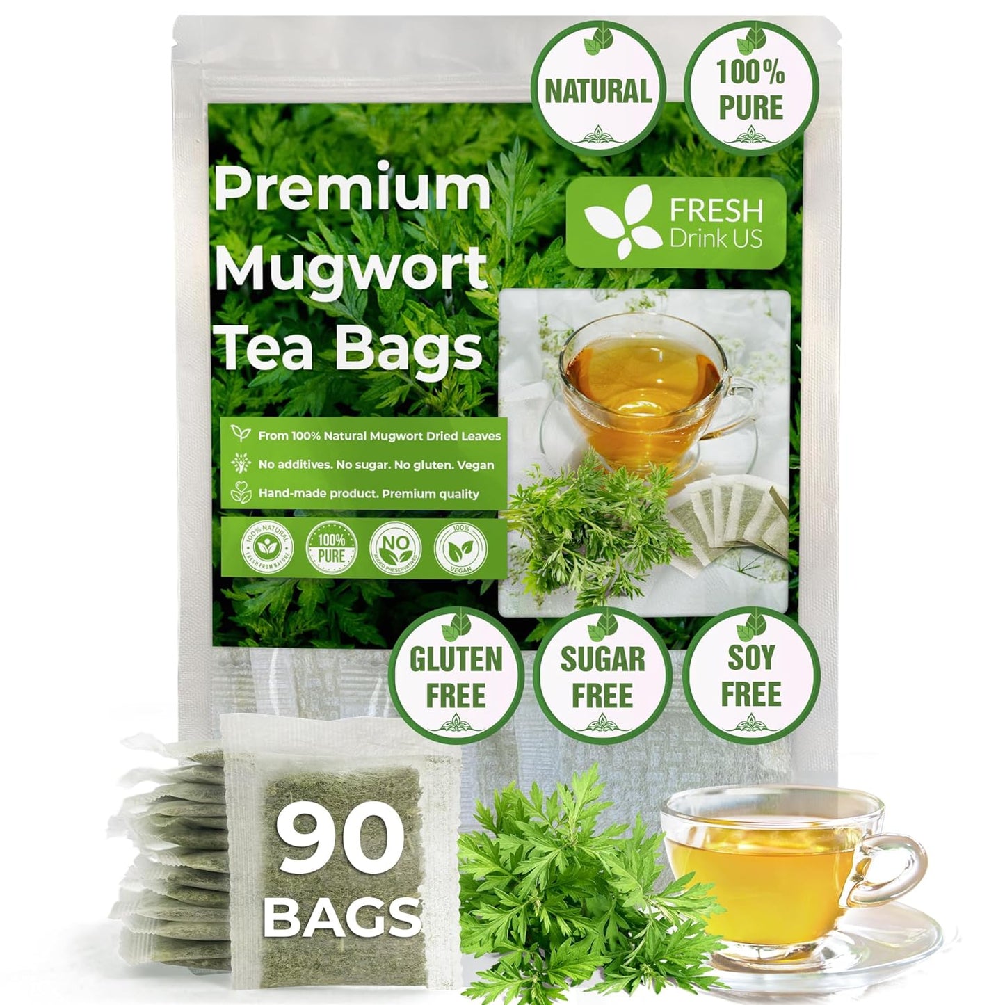 FreshDrinkUS, Premium 90 Mugwort Leaf Tea Bags, 100% Natural and Pure Mugwort Leaves. Loose Leaf Mugwort Herbal Tea. Mugwort Leaf Tea. No Sugar, No Caffeine, No Gluten, Vegan. (90 Tea Bags)