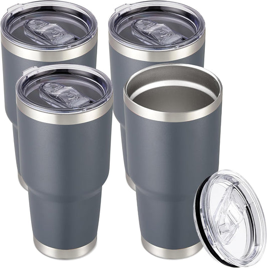 30 oz Tumbler with Lid Stainless Steel Tumblers Bulk Vacuum Insulated Cup Reusable Powder Coated Travel Mug Double Wall Leak Proof Cups Keep Cold Drinks for 12 Hours Gray, Set of 4