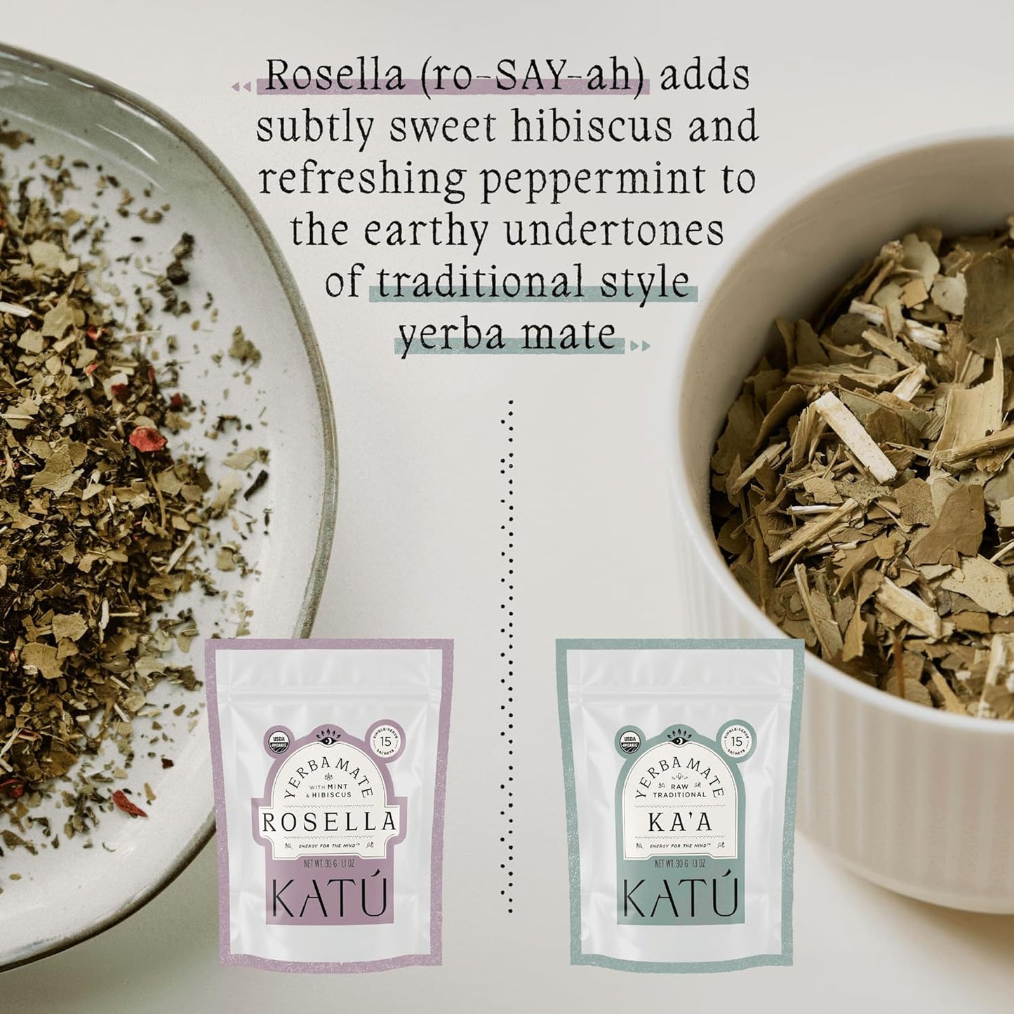 Katú Rosella Teabags, Premium Organic Yerba Mate Tea with Hibiscus, Peppermint, and Stevia Leaves, Vibrant Floral Twist, Natural Energy, 15 Satchets