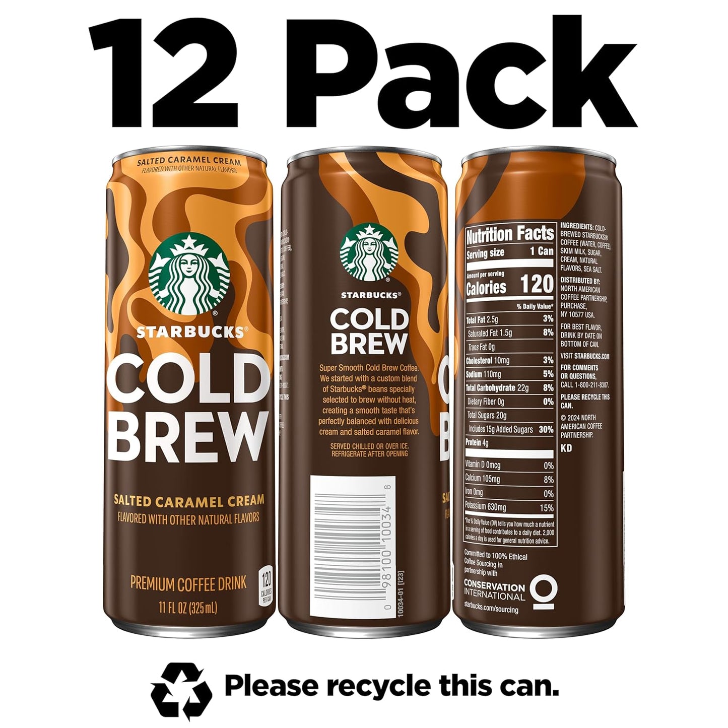 Starbucks Cold Brew Coffee, Salted Caramel Cream, 11 fl oz Cans (12 Pack), Premium Coffee Drink, Iced Coffee