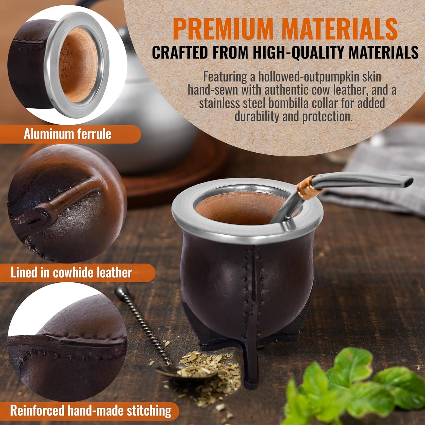 Authentic Artisan Yerba Mate Gift Set – Handmade 5.5" Natural Calabash Gourd with Leather Cover + Stainless Steel Bombilla – Traditional Argentine Kit (Gift Ready)