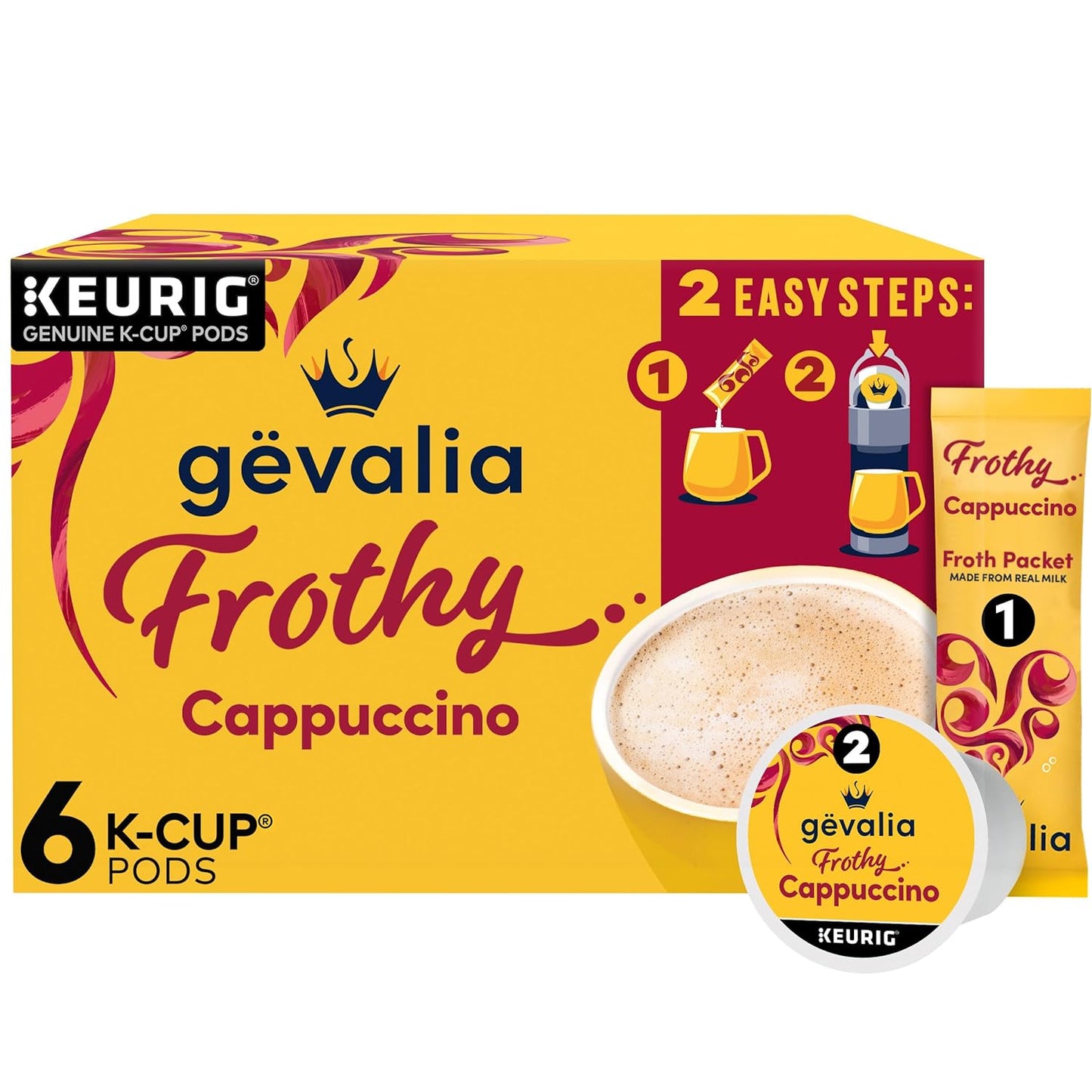 Gevalia Frothy 2-Step Artificially Flavored Cappuccino Espresso Style K‐Cup Coffee Pods & Froth Packets Kit, 6 ct. Box
