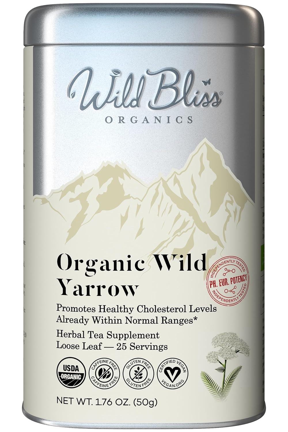 Wild Bliss Organic Yarrow Tea - Caffeine Free Loose Leaf Herbal Tea - Pharmacopoeia Potency - 1.76 Ounces - 25 Servings