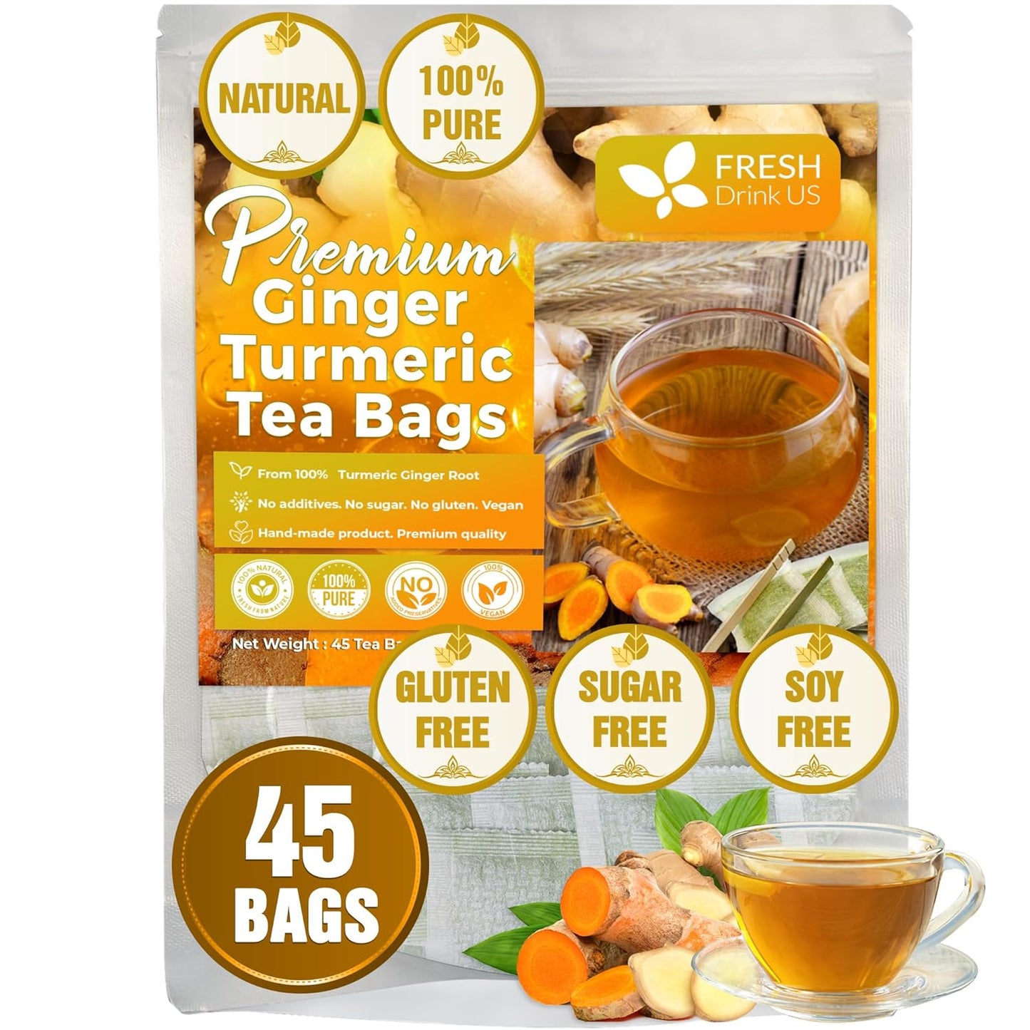 FreshDrinkUS, Premium 45 Ginger Turmeric Tea Bags, 100% Natural Ingredients, Hand-made Blend of Ginger and Turmeric Herbal Tea, Eco-conscious Tea Bags. No Sugar, No Caffeine, No Gluten, Vegan.