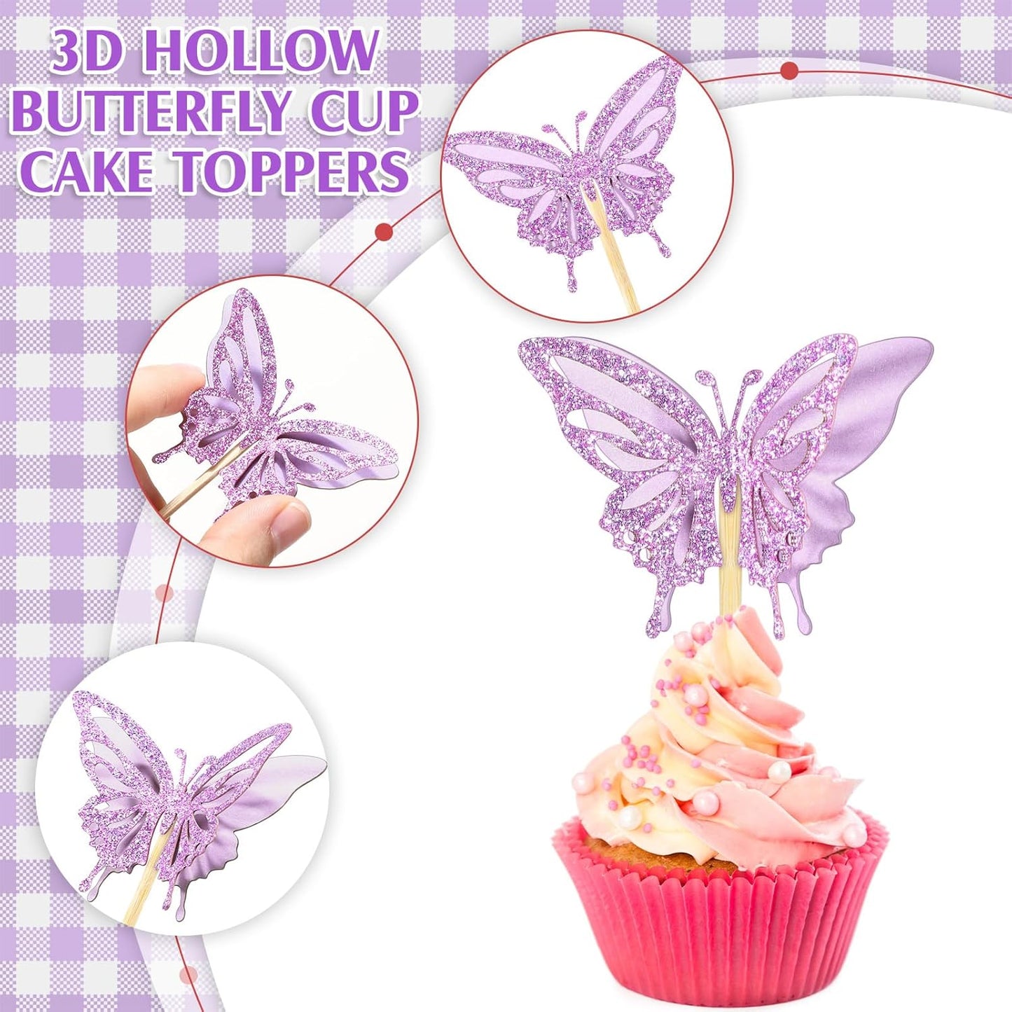 Chinco 48 Pcs Butterfly Cupcake Toppers Assembled Double Layer Cupcake Topper 3D Glitter Cake Topper Butterfly Cocktail Pick Decoration for Baby Shower Birthday Wedding(Purple,Retro Style)