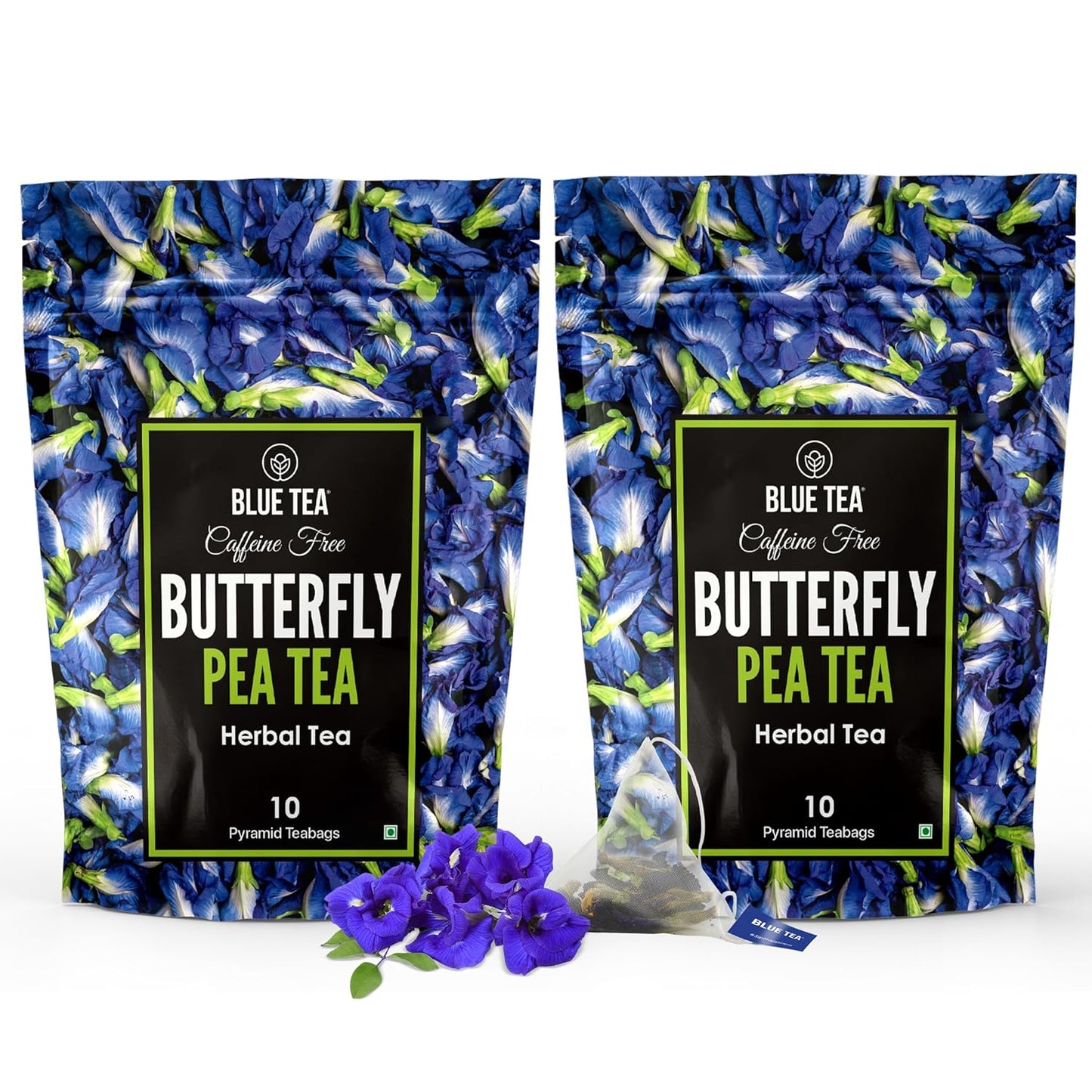 BLUE TEA - Butterfly Pea Flower Tea - 10 Count (Pack of 2) - Pyramid Plant Based Tea Bag | ANTIOXIDANT RICH | Caffeine Free - Detox Tea - Flower Based - Herbal Tea - Non Bitter | Zipper Pack