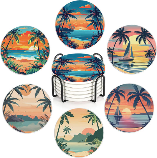 Drink Coasters Set of 6 with Holder, Palm Trees Beach Sunset Absorbent Ceramic Drink Coaster for Tabletop Protection,Suitable for Kinds of Cups,Drinks Coasters for Home Office Decoration(4 Inches)