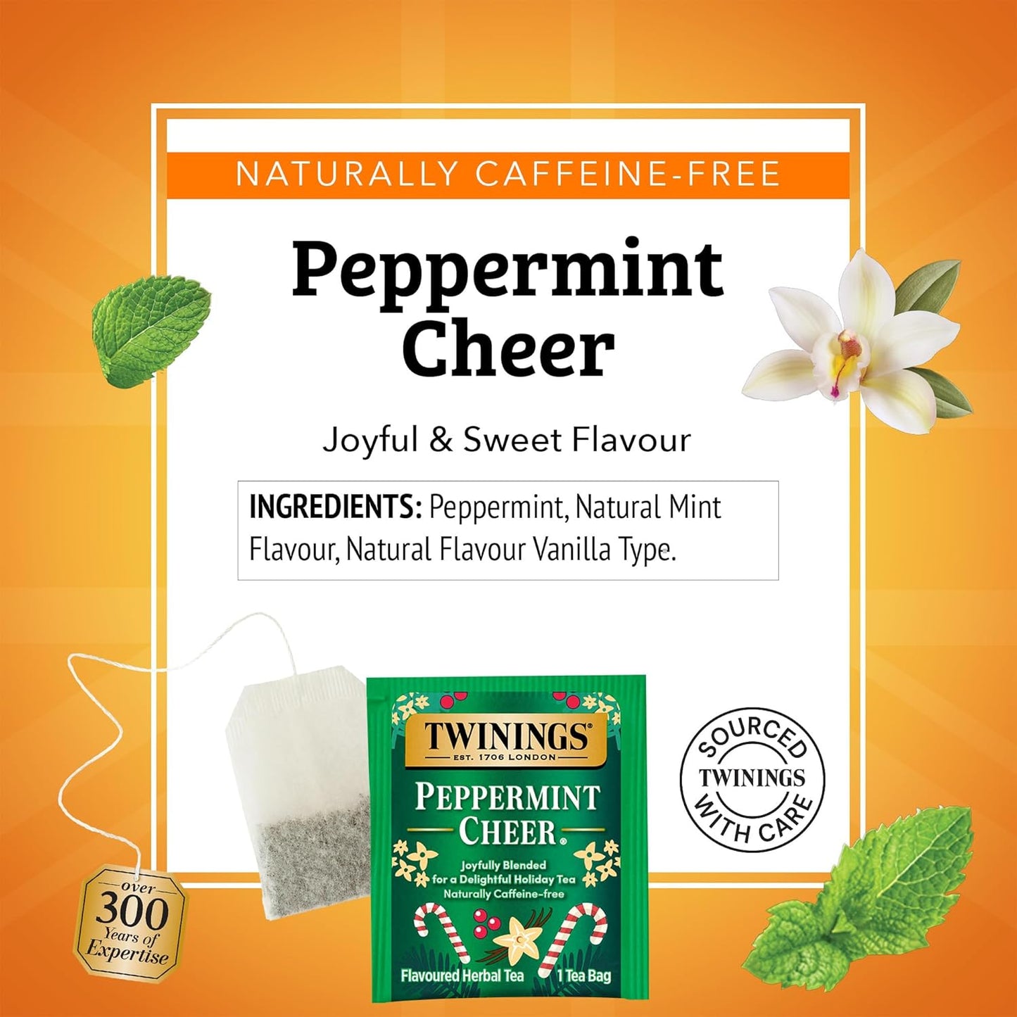 Twinings Peppermint Cheer Herbal Tea Individually Wrapped Bags, 20 Count (Pack of 1), Peppermint & Vanilla, Naturally Caffeine-Free, Enjoy Hot or Iced, 20 Teabags