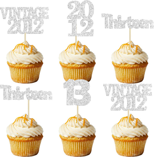Gyufise 24Pcs 13th Birthday Cupcake Toppers Glitter Thirteen Vintage 2012 Hello 13 Years Birthday Cupcake Picks Official Teenager 13 Cake Decorations for Happy 13th Anniversary Party Silver