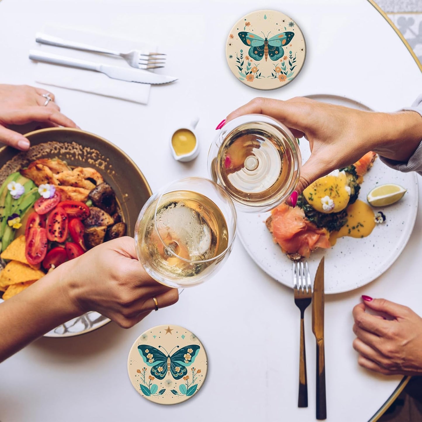 Coaster for Drinks Set of 6, Boho Butterfly Flower Absorbing Round Ceramic Stone Coaster with Cork Base,Tabletop Protection Mat for Mugs and Cups,Coffee Table Wine Glass Home Bar 4 Inch