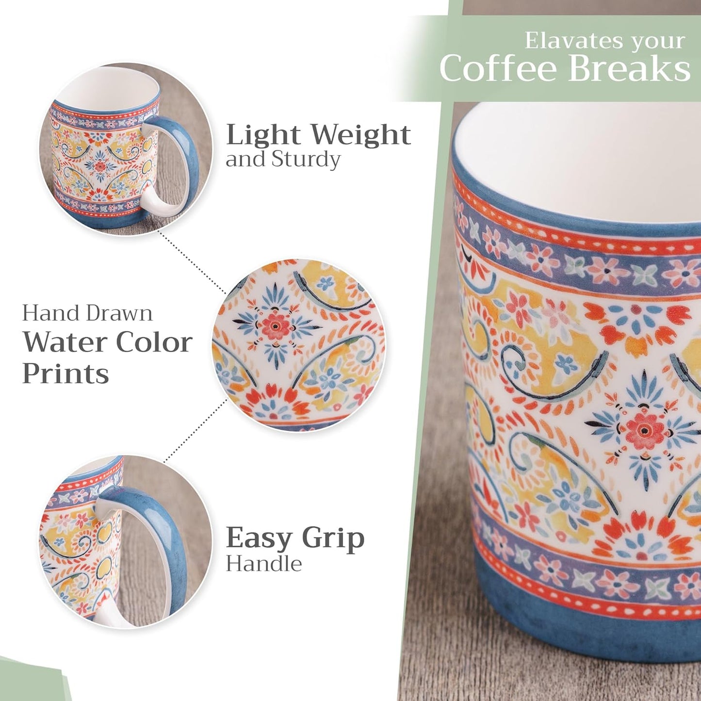 Maison d' Hermine Coffee Mug with Handles Fine Bone China Mugs Pack of Two Tea Cups for Hot Beverages Cappuccino Latte Home Restaurant Office Perfect for Gift (Indian Floral, 15 Ounce)