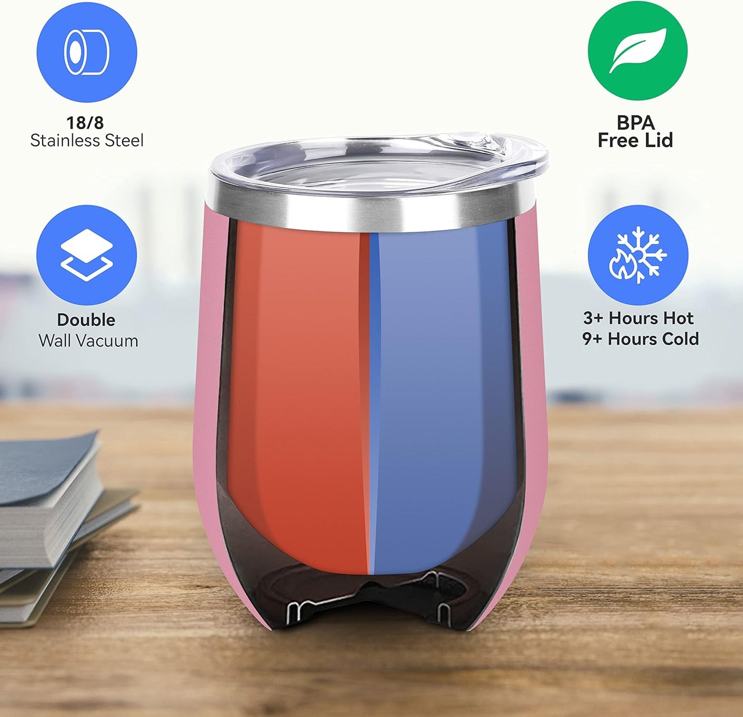 DOMICARE Stainless Steel Wine Tumbler Bulk with Lid, Personalized Insulated Tumblers Set, 12oz Travel Coffee Cups Pack of 4, Pink