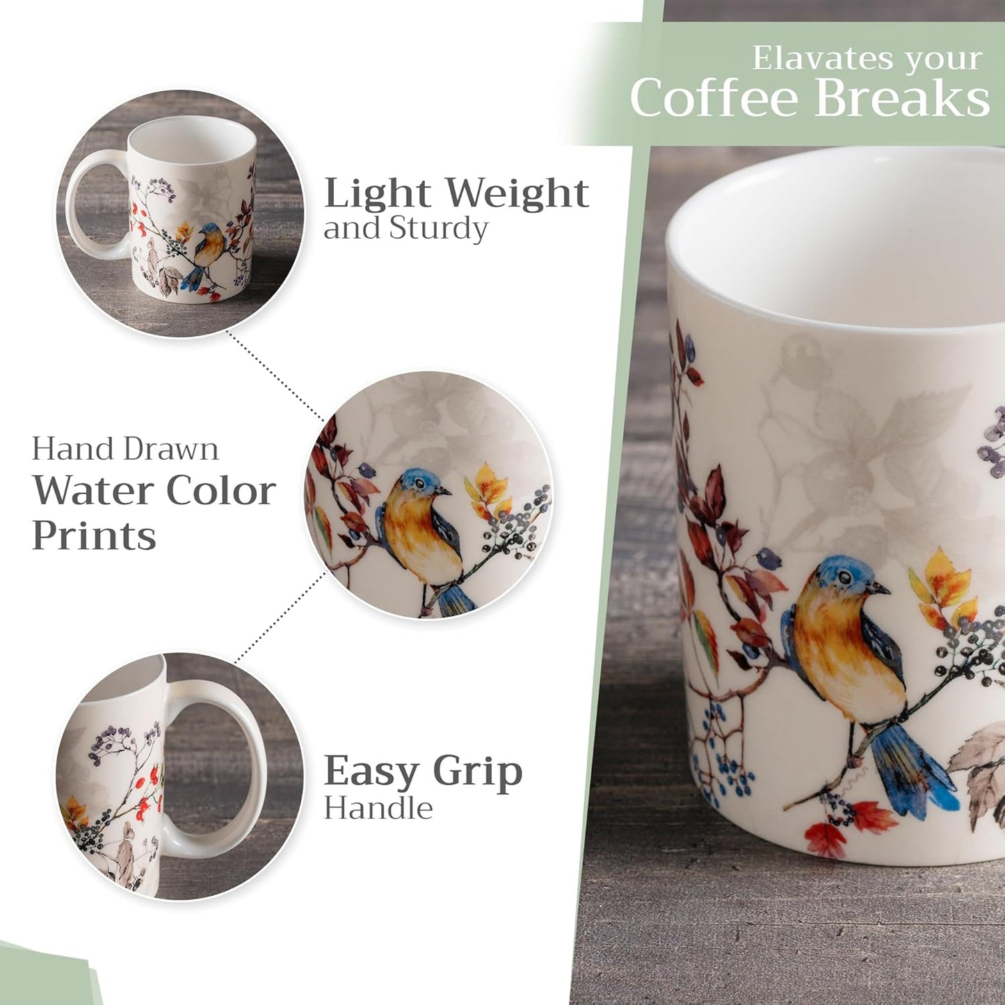 Maison d' Hermine Coffee Mug with Handles Fine Bone China Mugs Pack of One Tea Cups for Hot Beverages Cappuccino Latte Home Restaurant Office Perfect for Gift (Equinoxe - Beige Sparrows, 15 Ounce)