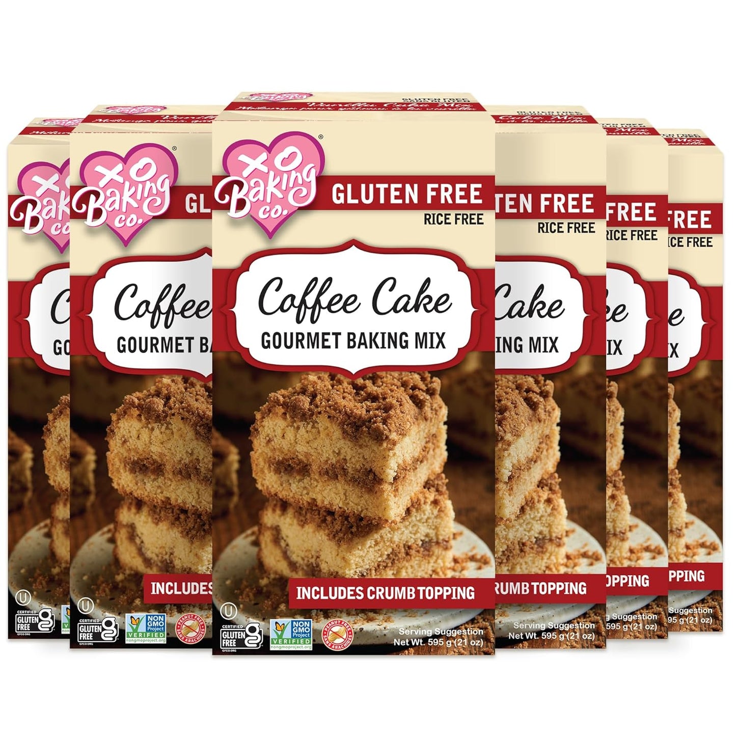 XO Baking Co. Gluten Free Coffee Cake Gourmet Baking Mix with Crumb Topping; Non-GMO; Kosher; Rice Free; Soy Free; Dairy Free; Peanut Free; No Preservatives; No Artificial Flavors or Colors, 6-Pack