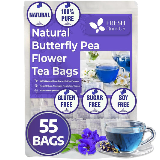 FRESHDRINKUS Premium 55 Butterfly Pea Flowers Tea Bags,100% Pure, Organic, Non GMO, Made With Organic Bags, Sugar/ Caffeine/ Gluten Free, Wildcrafted, Vegan, Handmade Product