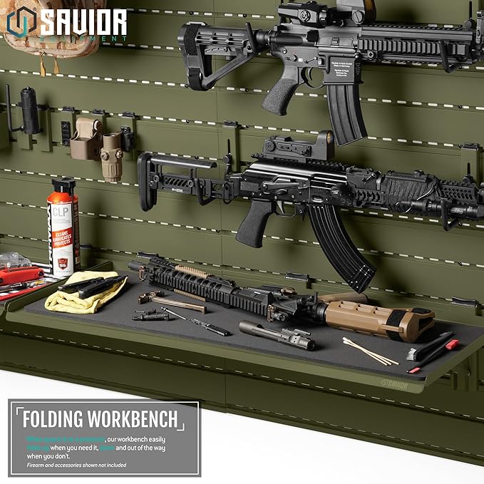 Savior Equipment Wall Rack System Heavy-Duty Steel Folding Table Workbench Shelf Collapsible Wall Mount Hanger, Modular Firearms Gun Wall Gear Accessories Organizer