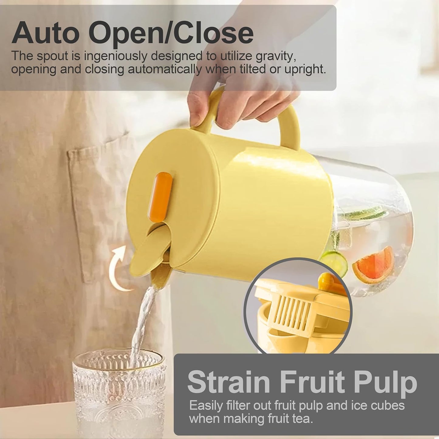 Delove Borosilicate Glass Pitcher with Lid & Auto Spout – Shatterproof Plastic Shell, Wide Mouth Design – 62 oz (1.9 Quart) Jug for Boiling Water, Iced Tea, Juice & Cold Brew Coffee (1, Yellow)