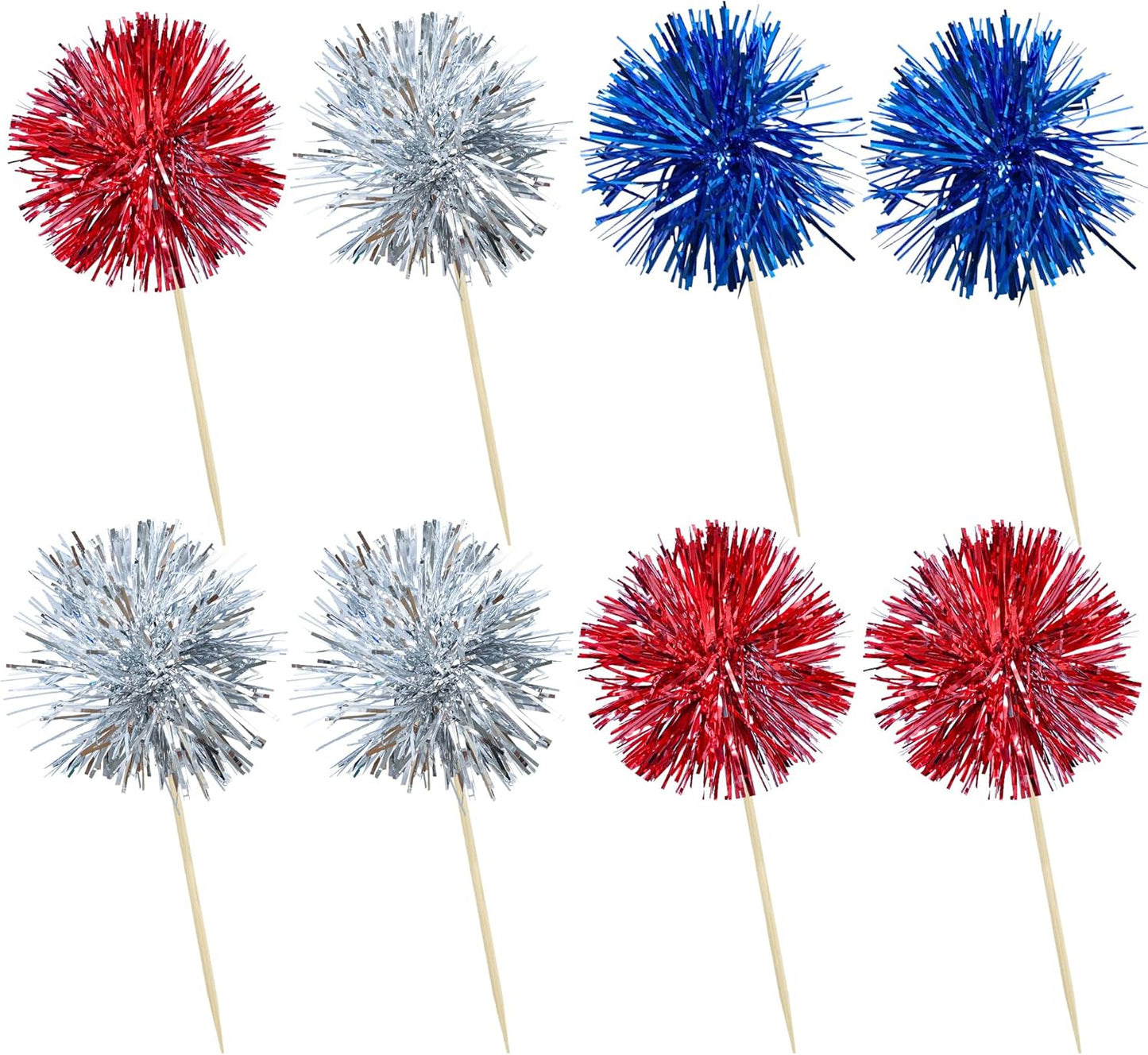 Ephlyn 30Pcs Foil Firework Cupcake Toppers Sparkle Tinsel Cupcake Picks Happy Birthday Cake Toppers Drink Cocktail Food Fruit Toothpicks for Baby Shower Birthday Party Supplies Red Silver Dark Blue