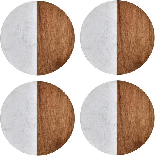 I-LAN Set of 4 Round Natural Wood and Marbel Style Drink Coasters for Coffee Wooden Table, Drink Bar Coaster Set/Tea Table Coasters for Living Room,Beer Cans,Bar Glasses,4 x 4 Inch