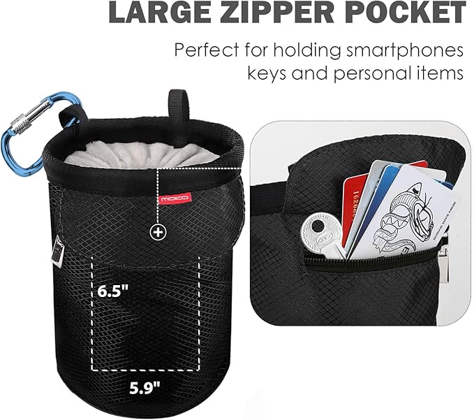 MoKo Rock Climbing Chalk Bag, Bouldering Chalk Pot Bucket with Adjustable Belt & Carabiner Drawstring Climbing Gear