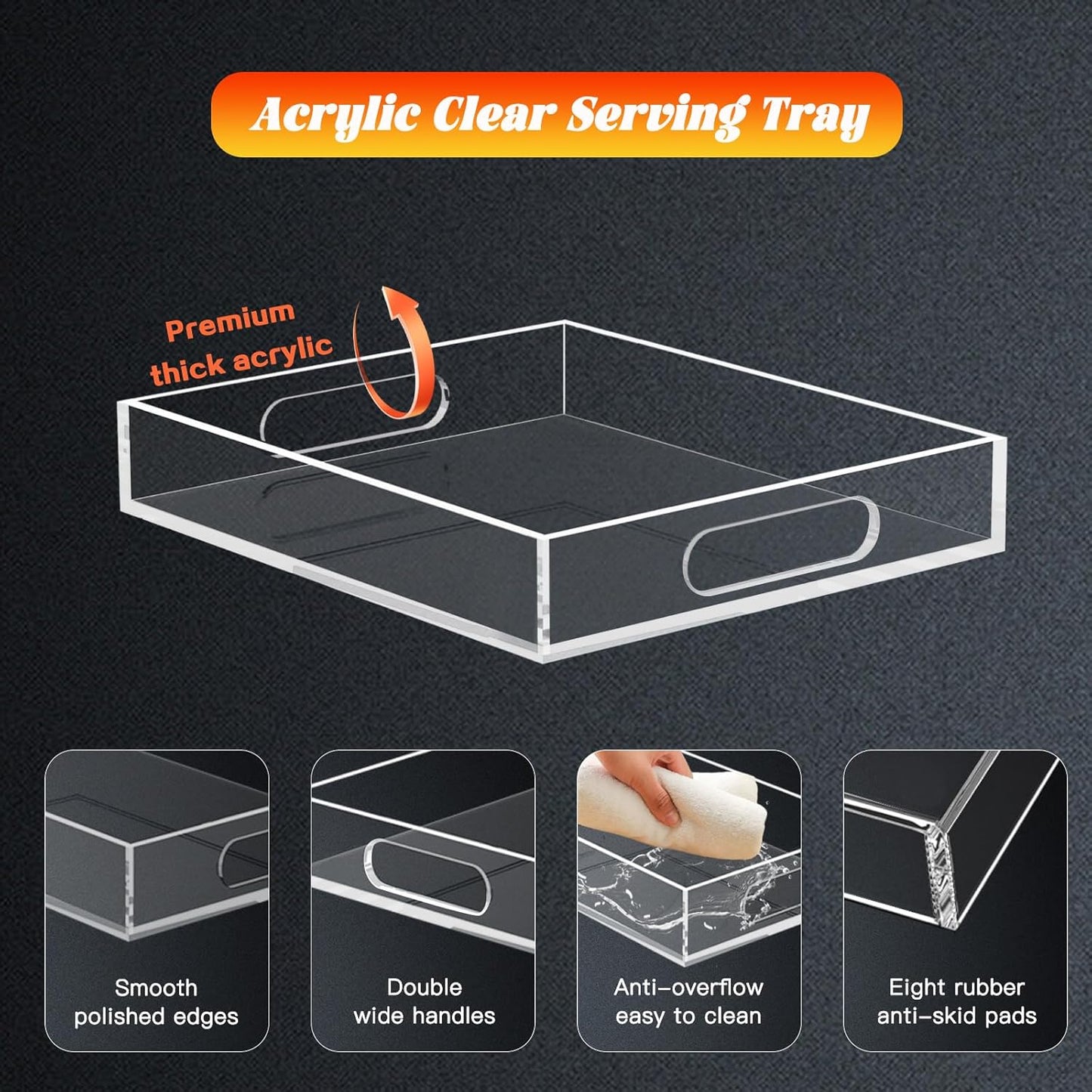 15 * 15 Acrylic Tray for Ottoman, Serving Tray with Handle, Lucite Tray Organizer for Bench, Coffee Table Countertop, Kitchen, Bathroom, Living Room, Powder Room