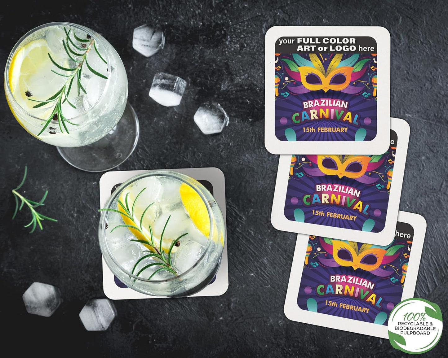 B.E. Green Custom Coasters - Pulpboard Personalized Coasters for Drinks - Full Color Print - Reusable & Absorbent - Beverage Coaster - Promotional Events & Celebrations - Pack of 50 - Square, 4"x 4"