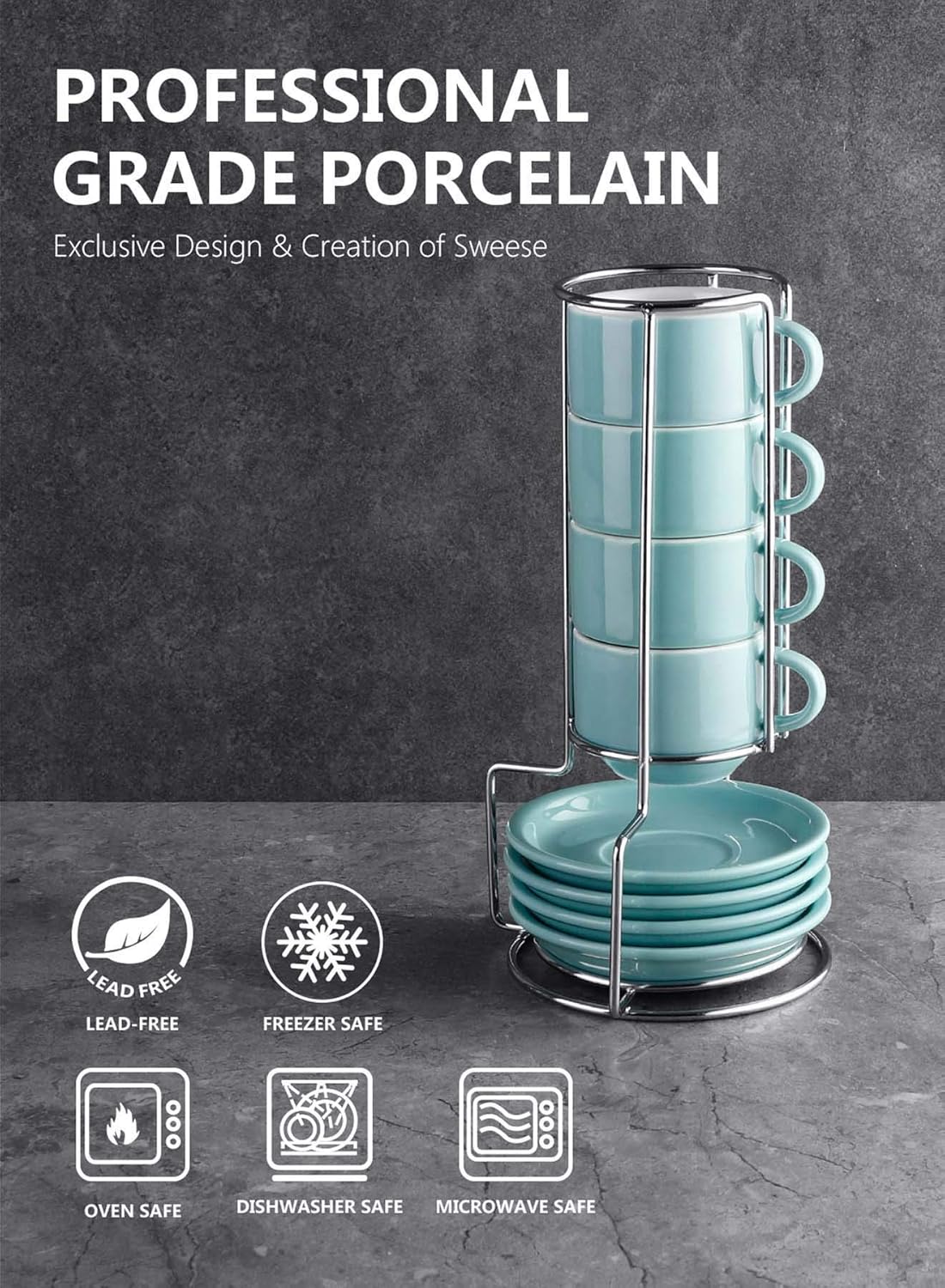 Sweese 4 Ounce Porcelain Stackable Espresso Cups with Saucers and Metal Stand Set of 4, Turquoise