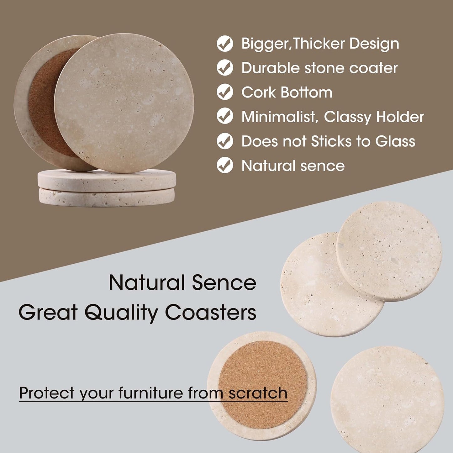 CASACOUTURE-Travertine-Stone-Coasters Set of 4-Round -4" Diameter Drink Coasters for Housewarming Gift, Desktop Protection Suitable for Various Cups - Sturdy and Durable Aesthetics