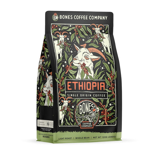 Bones Coffee Company Ethiopia Single-Origin, Citrus, Floral and Berries Notes, Whole Coffee Beans, Low Acid Medium Roast Arabica Beans Flavored Coffee, 12 oz Whole Bean