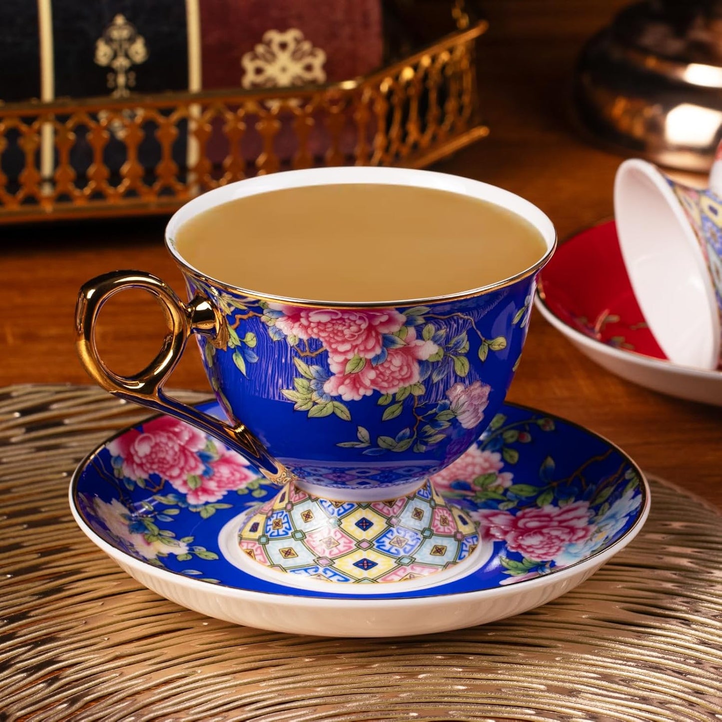 KAMMAK Tea Cups and Saucers Set of 2, Porcelain Coffee Cup with Saucer for Espresso, Cappuccino, 9.8oz Vintage Yellow Floral Ceramic Demitasse Mug for Home, Tea Party, Office