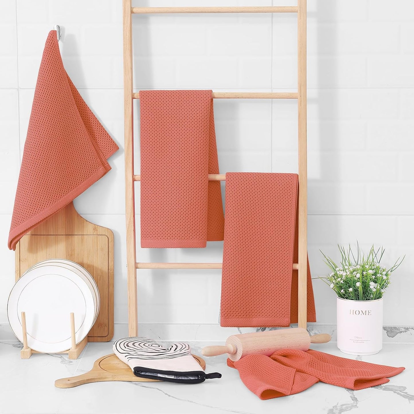 Homaxy 100% Cotton Waffle Weave Kitchen Dish Towels, Ultra Soft Absorbent Quick Drying Cleaning Towel, 13 x 28 Inches, 4-Pack, Coral