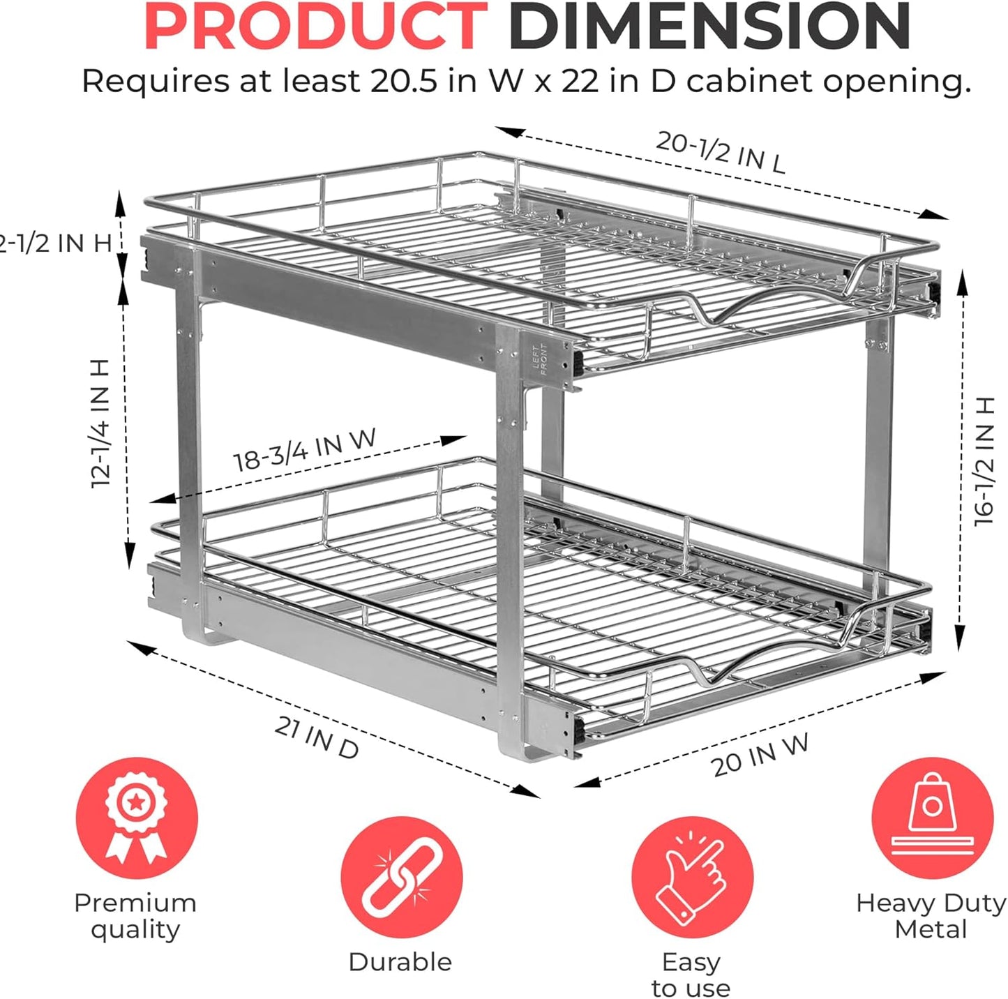 HOLDN’ STORAGE Two Tier Pull Out Cabinet Organizer, Individual Sliding Drawers - Heavy Duty Metal with Lifetime Limited Warranty - Anti Rust Chrome Finish - 20" W x 21”D x 16.5" H