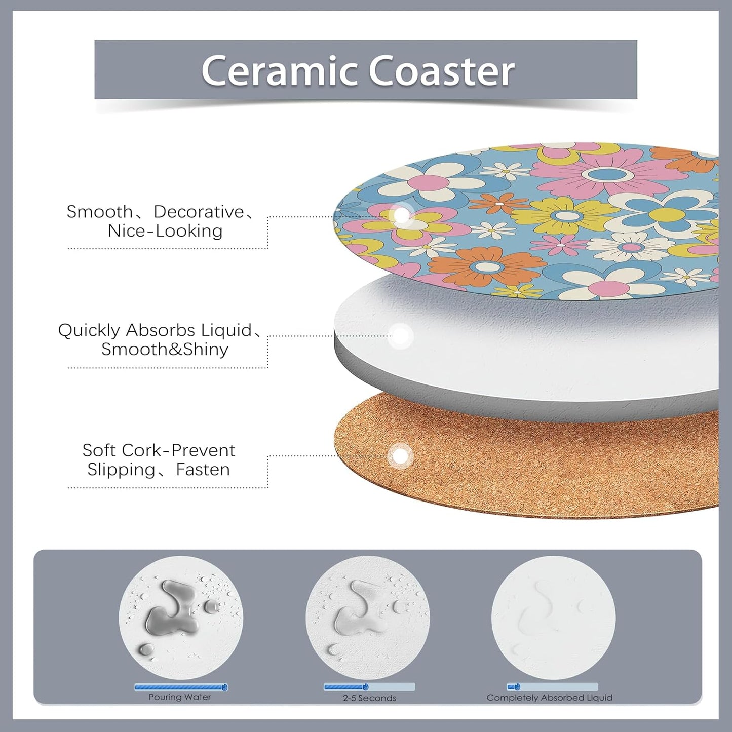 6 Pcs Coasters for Drinks with Holder,Retro Colorful Daisy Flowers 70s Hippie Floral Absorbent Coaster with Cork Backing,Great Gift for Housewarming,Room Decor,Bar,Holiday Party