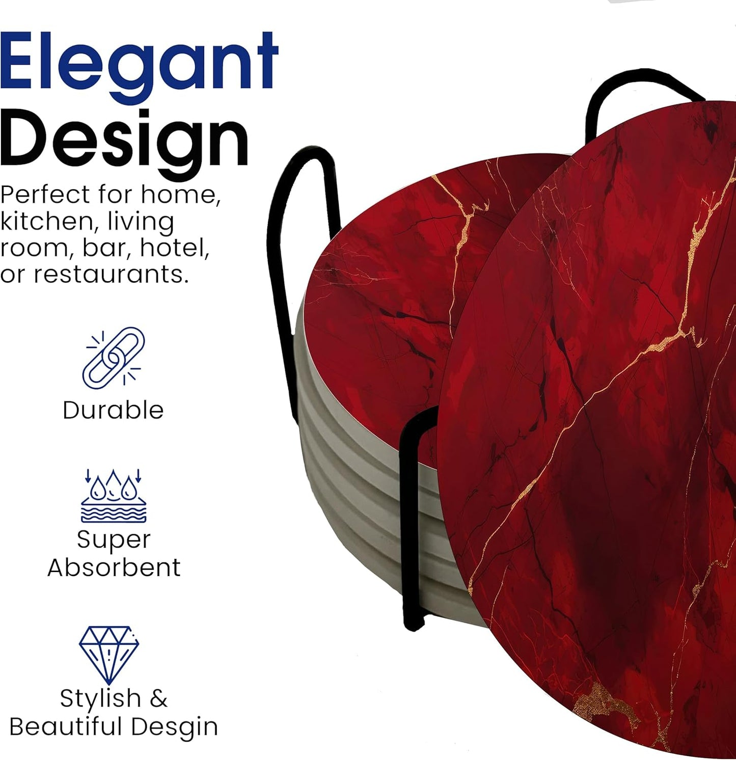 Dark Red Agate Marble Round Coasters Set of 6 - Abosrbent Ceramic Coasters with Metal Stand for Drinks, Coffee, Non-Slip Cork Back for Tabletop Protection, 4 Inches Marbled Pattern (Dark Marble)