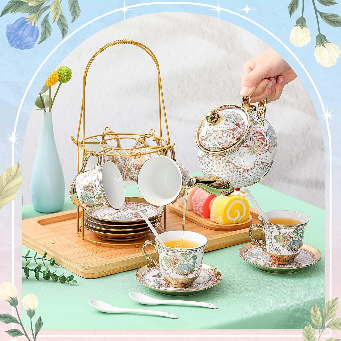 Zhehao 20 Pcs Porcelain Tea Set with Metal Holder and Spoon Adult Ceramic Tea Party Set European Flower Painting Teapot Cup Saucer Spoon Set for Women, Large Version(Minimalist Style)