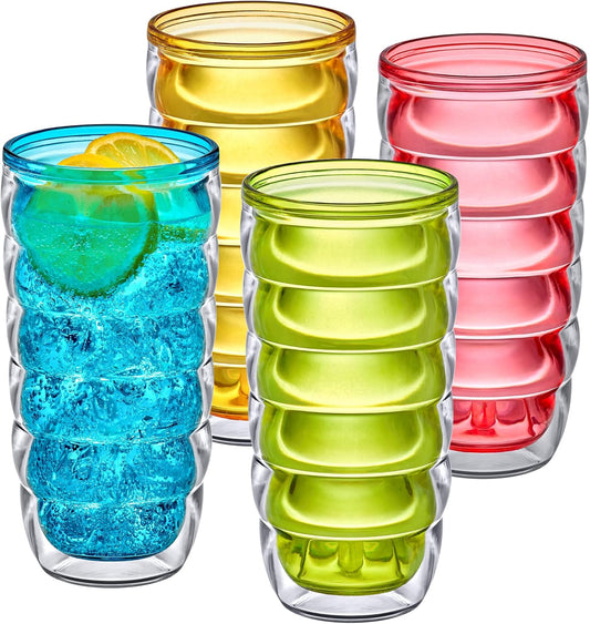 Amazing Abby - Arctic - 24-Ounce Insulated Plastic Tumblers (Set of 4), Double-Wall Plastic Drinking Glasses, Mixed-Color High-Balls, Reusable Cups, BPA-Free, Shatter-Proof, Dishwasher-Safe