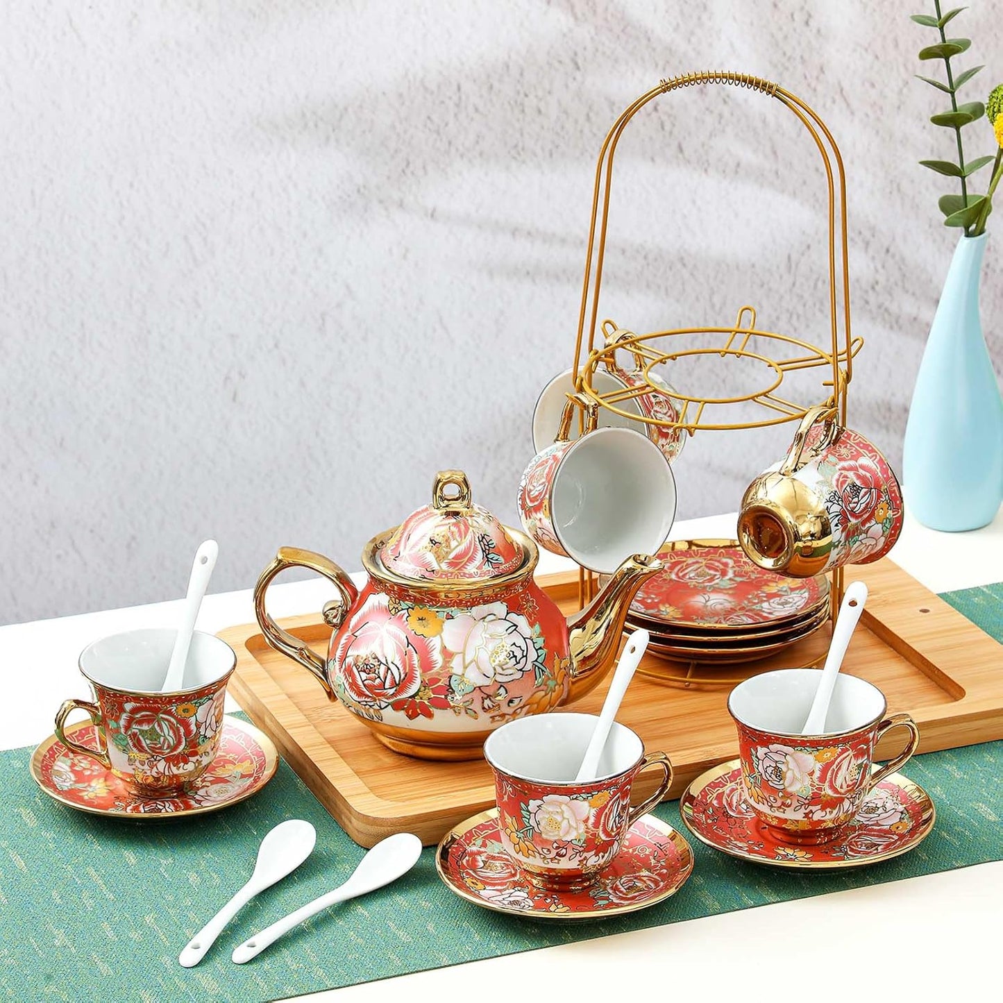 Zhehao 20 Pcs Porcelain Tea Set with Metal Holder and Spoon Adult Ceramic Tea Party Set European Flower Painting Teapot Cup Saucer Spoon Set for Women, Large Version(Noble Style)