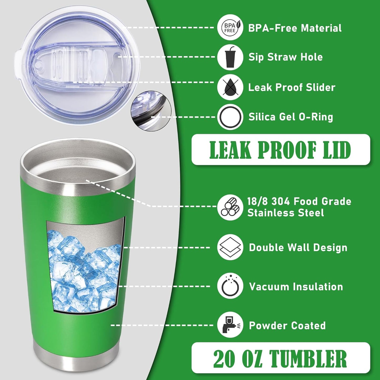20 oz Tumbler Coffee Tavel Tumblers Bulk with Lid Stainless Steel Double Wall Vacuum Insulated Mug Powder Coated Cups fit Car Cupholder for Hot and Cold - Green, 1Pack