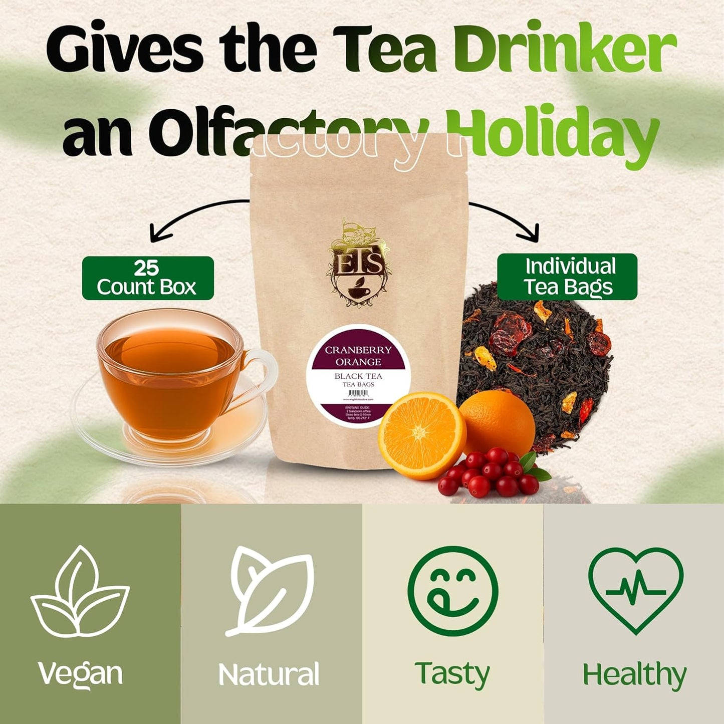 English Tea Store - Cranberry Orange Flavored Black Tea | Tart Cranberry & Sweet Citrus Blend | Natural Fruit Infused | Small Batch Crafted | 25 Teabags Pouch | No Strings or Tags