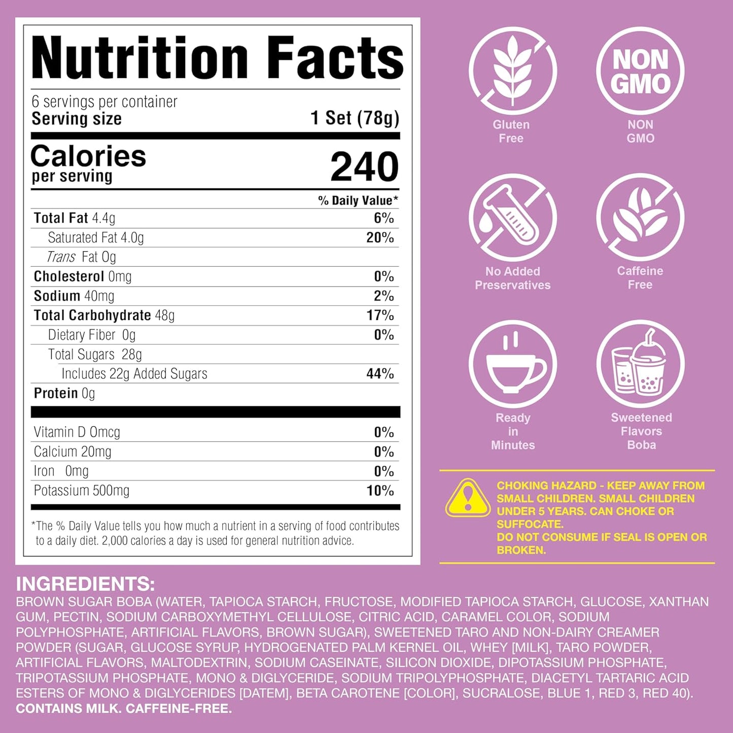 J WAY Instant Boba Bubble Pearl Taro Milk Tea Kit with Authentic Brown Sugar Tapioca Boba, Ready in Under One Minute, Paper Straws Included - 6 Servings