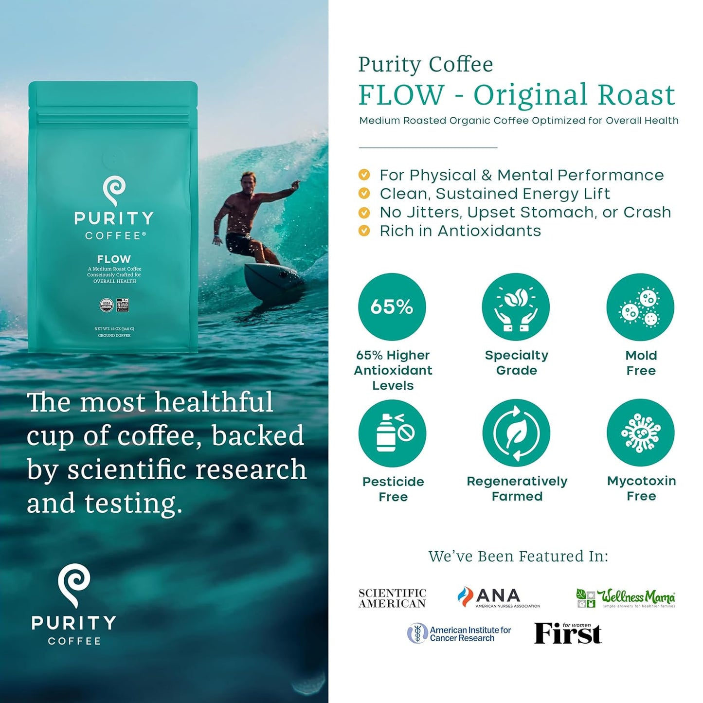 Purity Coffee FLOW Original Medium Roast Ground Coffee for Focus and Clean Energy - USDA Organic and Third-Party Tested for Antioxidants, Mold, Mycotoxins and Pesticides - 12oz (Purity Flow, medium_roast) | Ground| FLOW