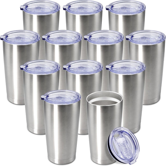 20 oz Tumbler Coffee Tavel Tumblers Bulk with Lid Stainless Steel Double Wall Vacuum Insulated Mug Powder Coated Cups fit Car Cupholder for Hot and Cold - Stainless Steel, 12Pack