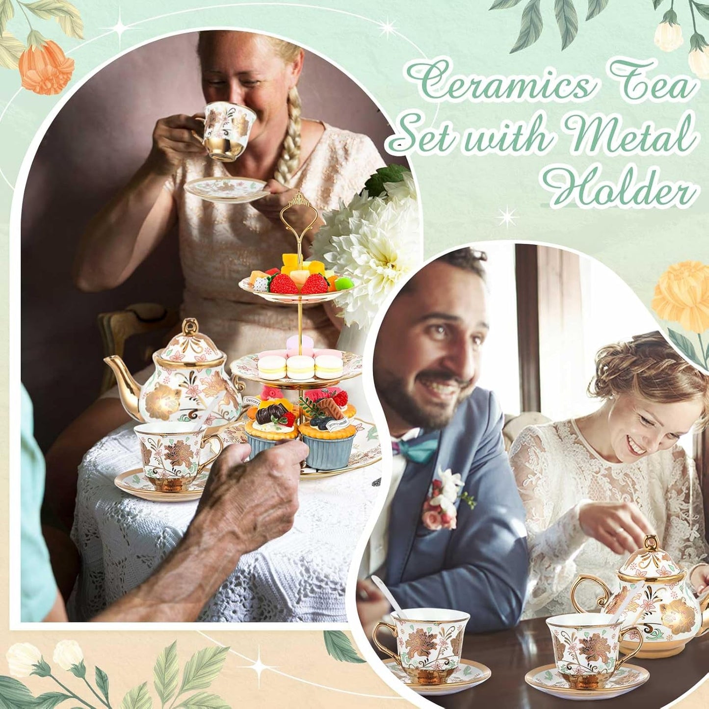Maxcheck 21 Pcs Tea Party Set for Adults European Floral Tea Set with Metal Holder and 3 Tier Ceramic Cake Stand Porcelain Flower Cup Teapot for Dessert Cupcake(Classic Style)