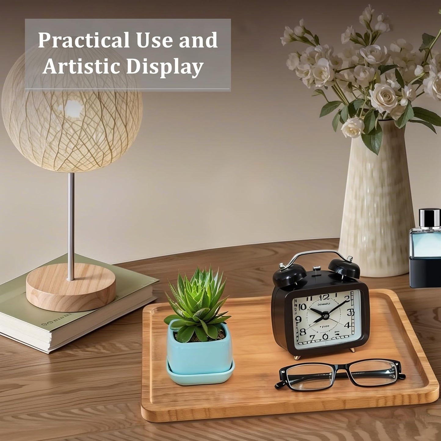 Wood Tray for Coffee Tea Large Wooden Serving Tray for Food Fruit Snack Decorative Serving Platter, 15.7x11.8 Inches